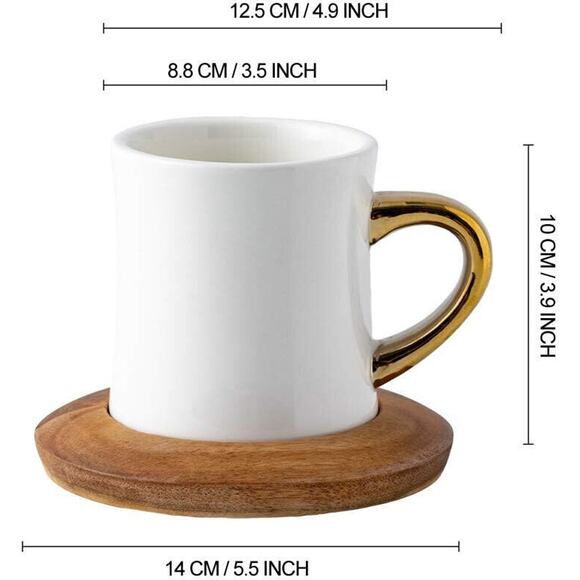 12 Oz Ceramic Tea Cup Coffee Cup Set with Wooden Saucer European Golden Hand Cup - Picture 5 of 10